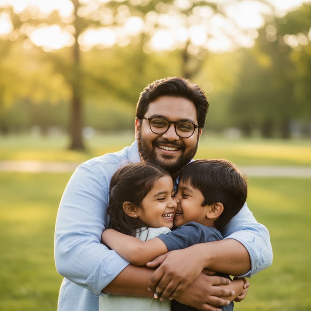 curve indian man dad with kids outdoor hug 74422184