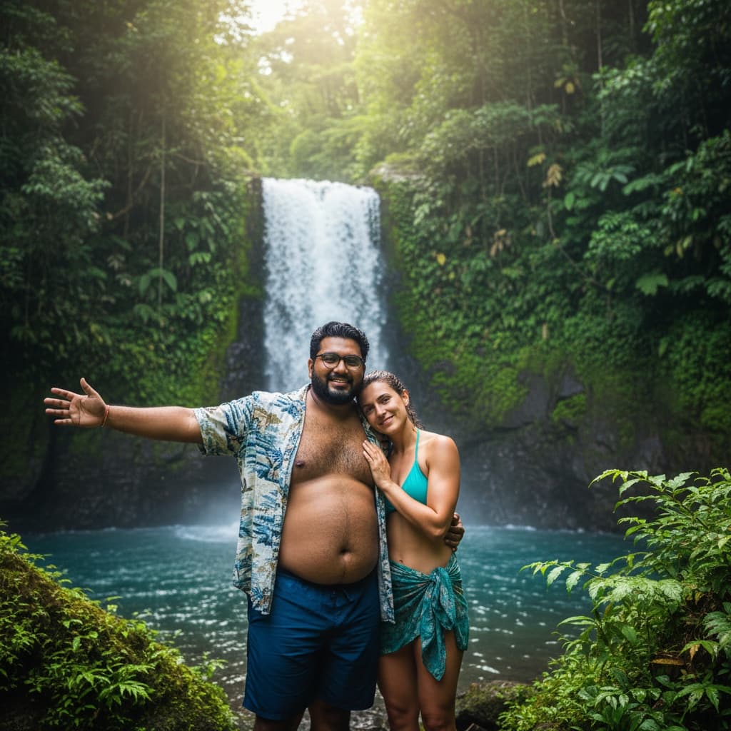curve indian man tropical waterfall scene 99115142