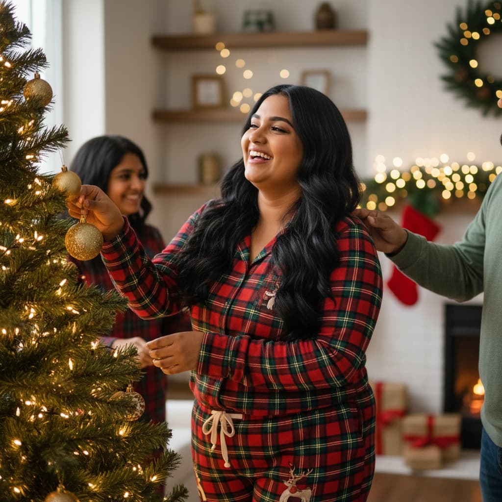 curve indian woman candid tree decorating 36570501