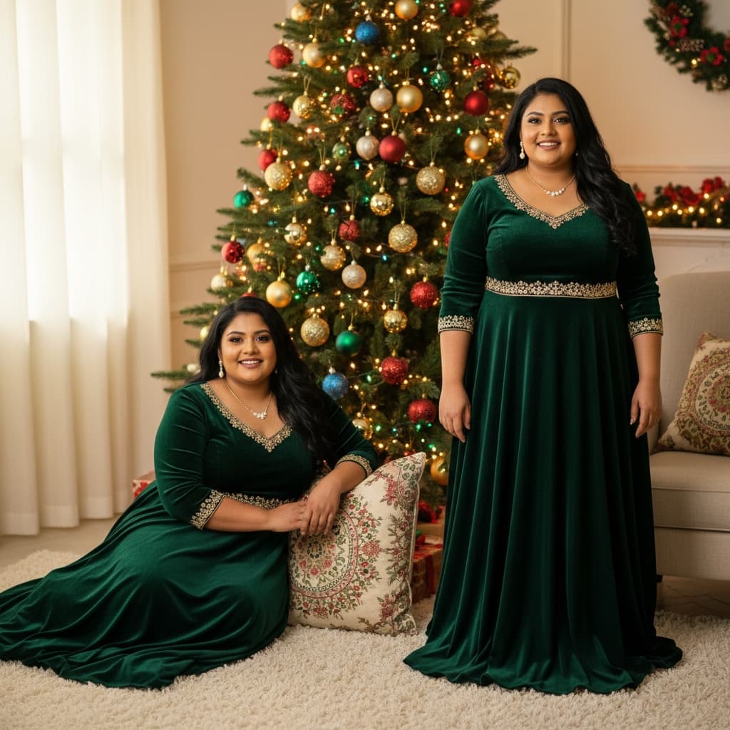 curve indian woman christmas tree portrait 44012607