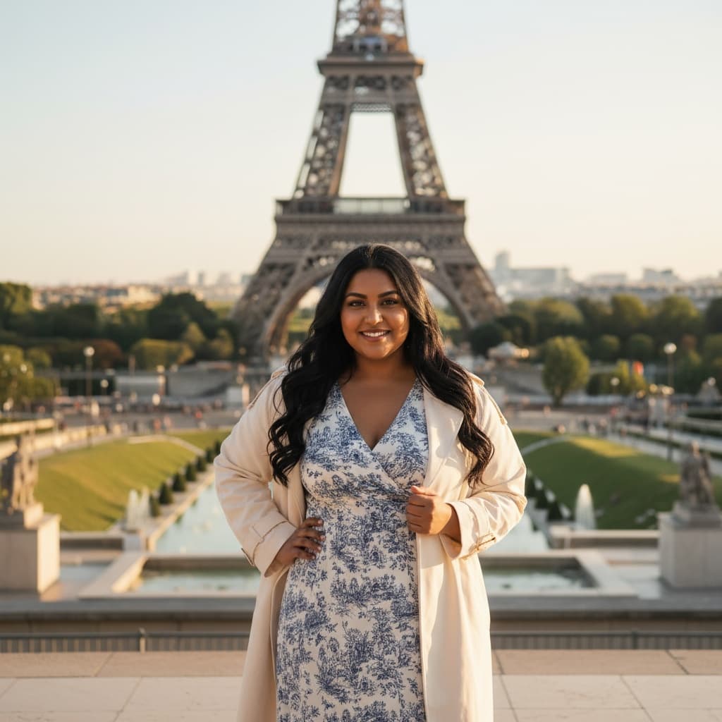 curve indian woman eiffel tower golden hour 86628495
