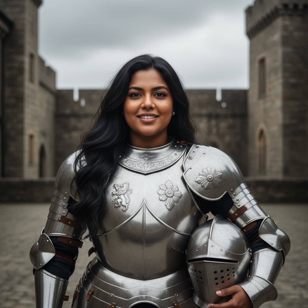 curve indian woman knight armor castle courtyard 72678812