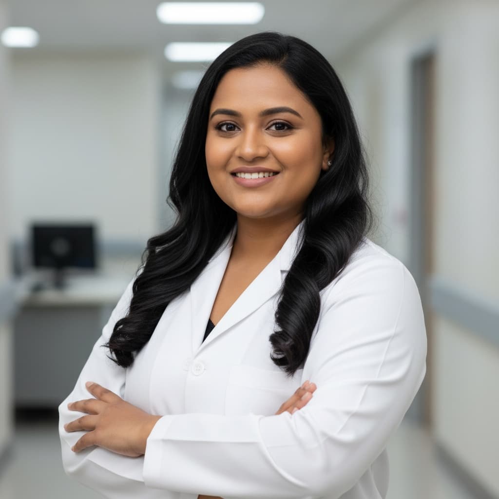 curve indian woman lab coat arms crossed 17261884