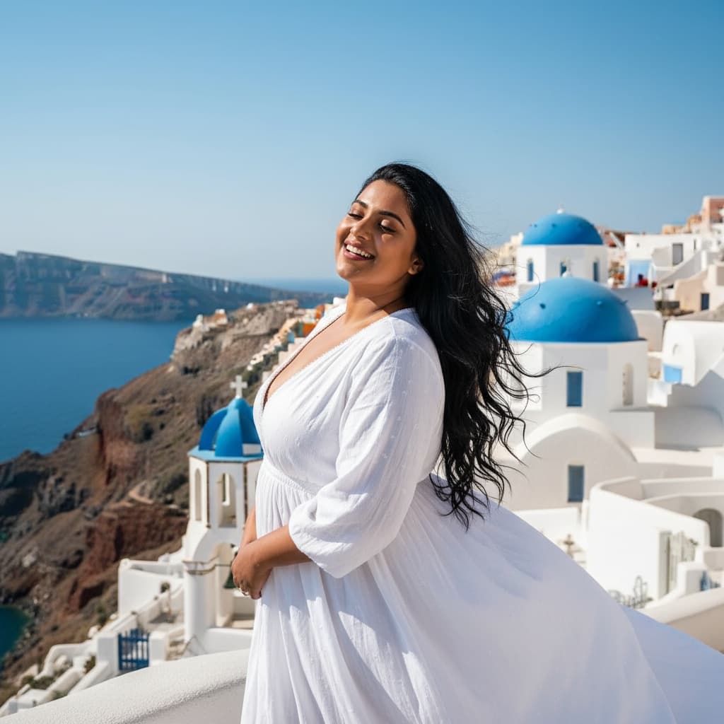 curve indian woman santorini blue domes 54178739