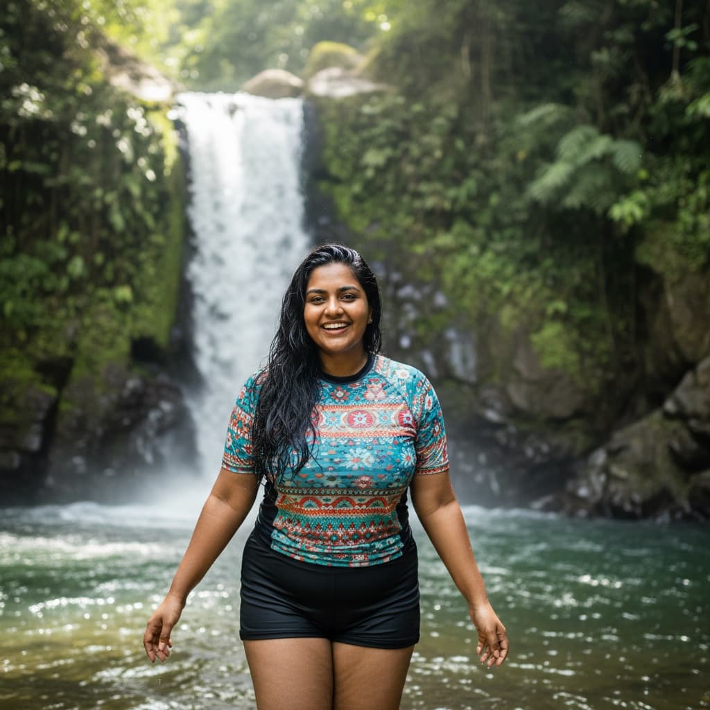curve indian woman waterfall adventure portrait 70516002