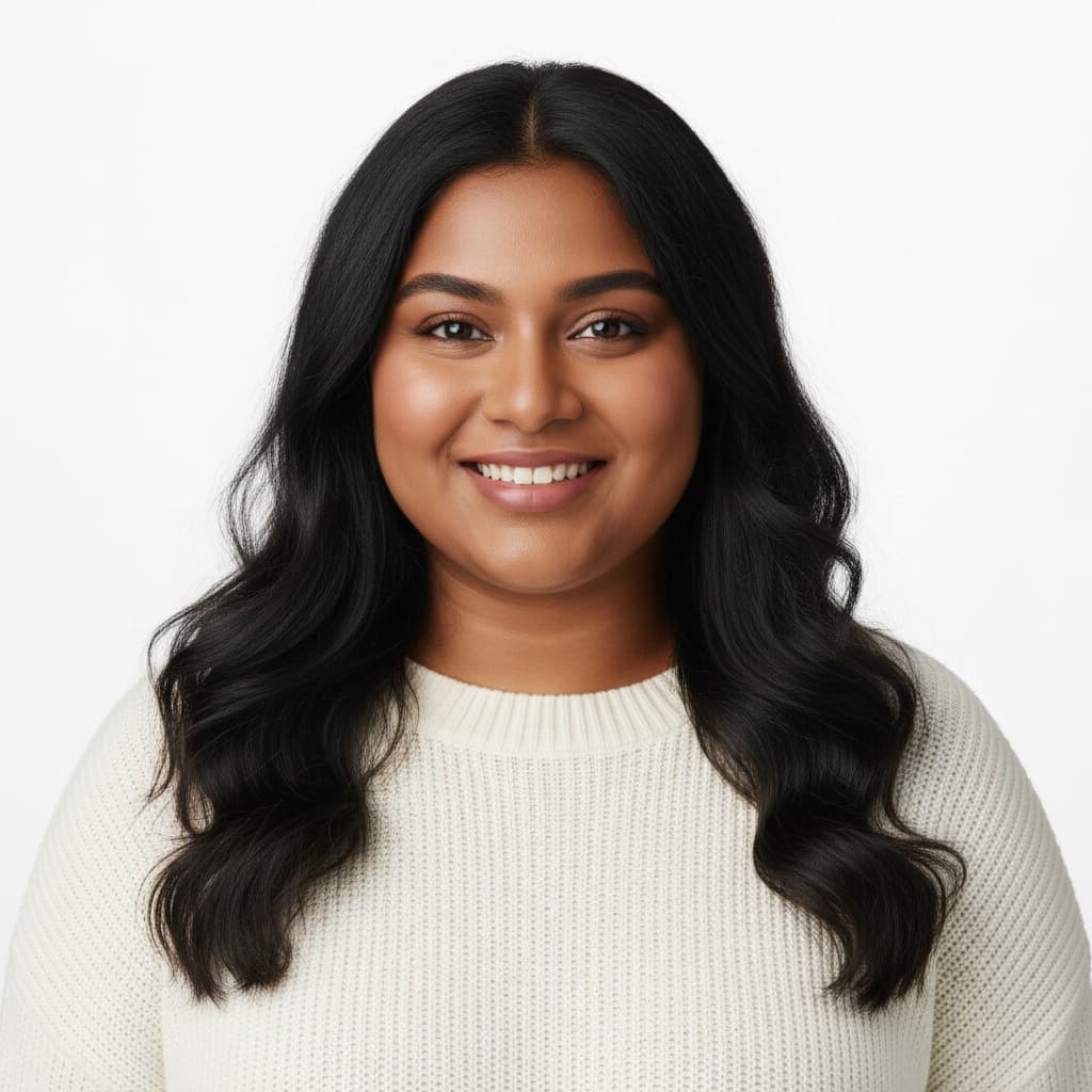 curve indian woman white background slight smile 60836098