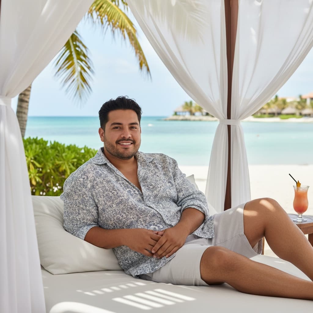 curve latino man beachfront cabana relaxing 96002874