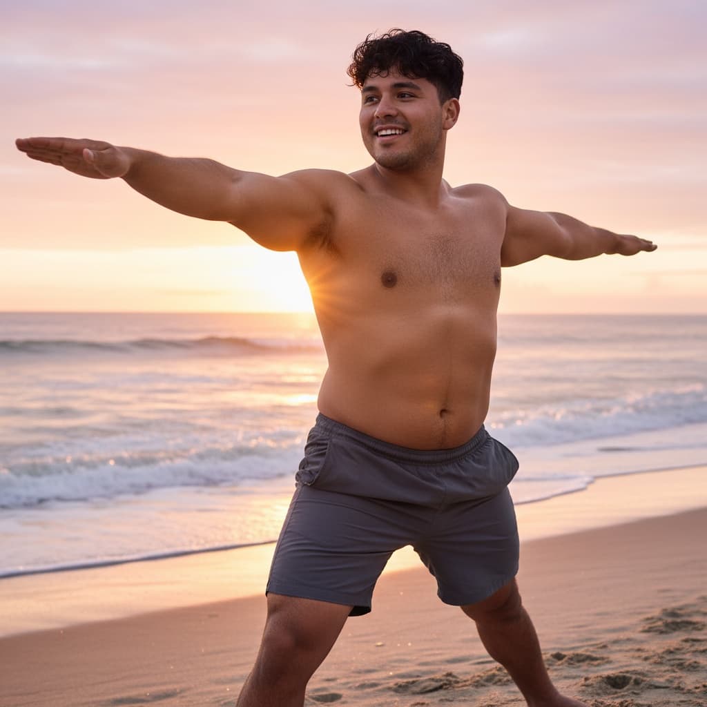 curve latino man beachside yoga sunrise 20460556