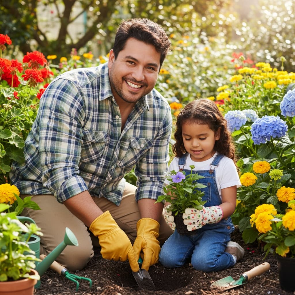 curve latino man garden planting together 84179764