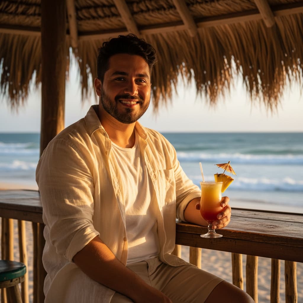 curve latino man palapa beach bar scene 95226705