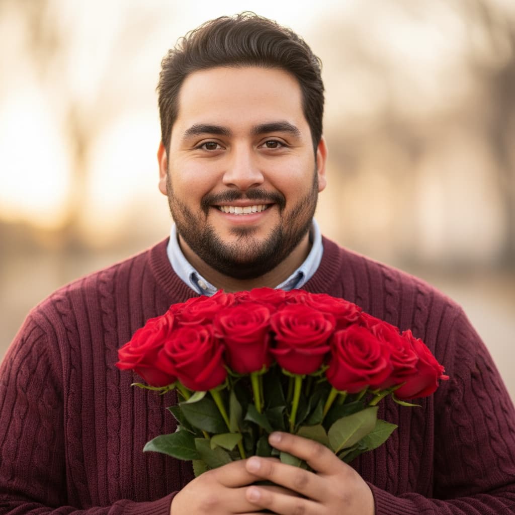 curve latino man romantic rose bouquet portrait 43224562