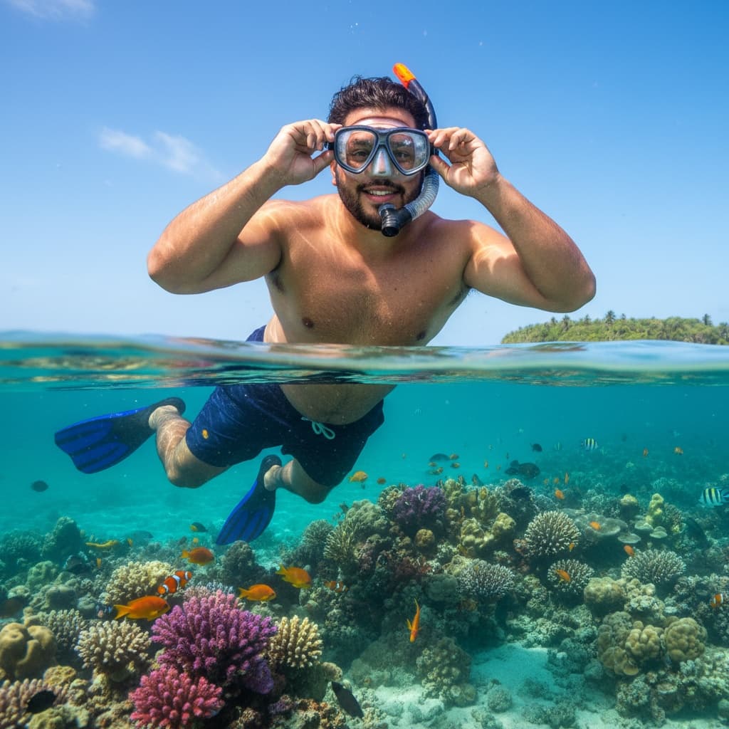 curve latino man snorkeling coral reef 92355030