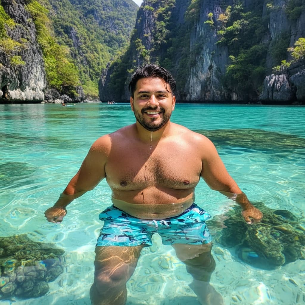 curve latino man turquoise lagoon swimming 15667523