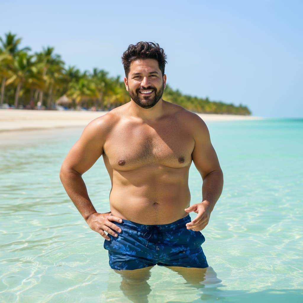 curve latino man turquoise water beach portrait 79488706