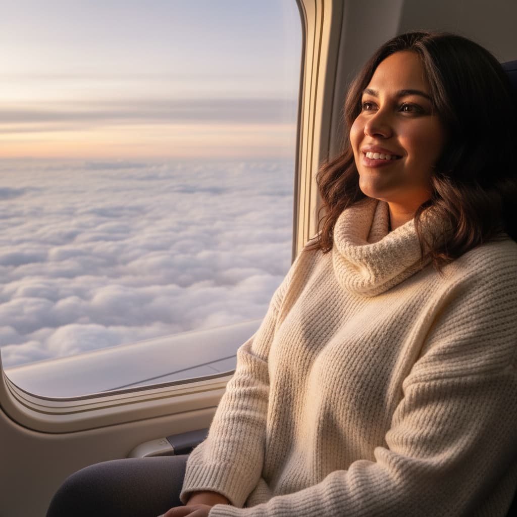 curve latino woman airplane window seat 75043767