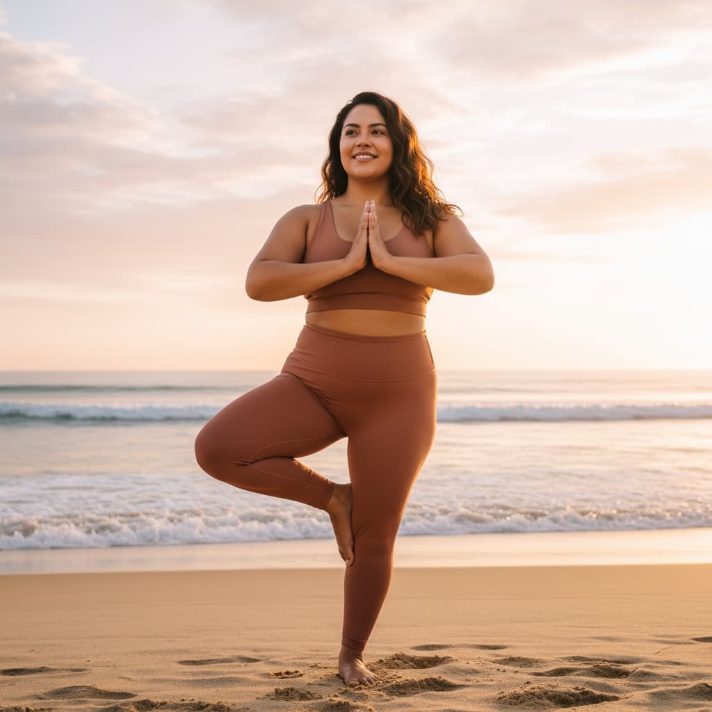 curve latino woman beachside yoga sunrise 99665177
