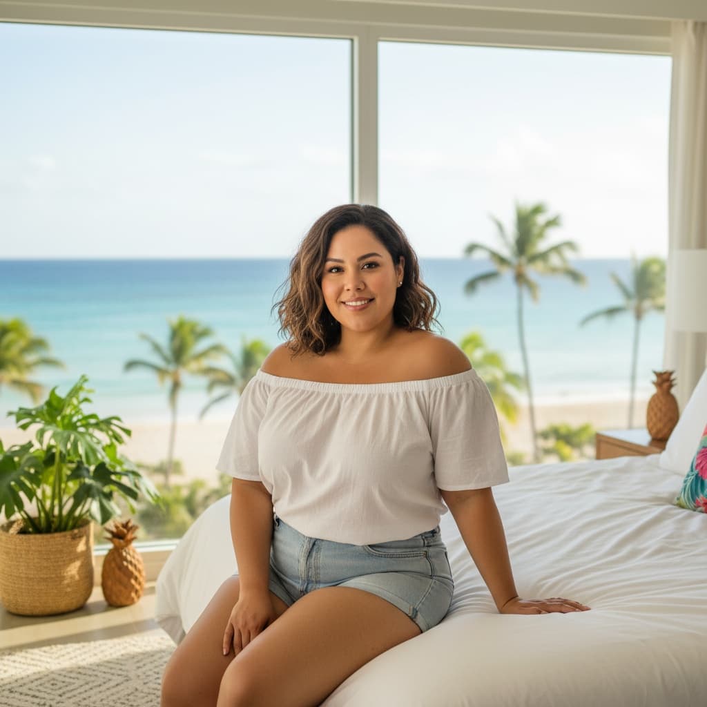 curve latino woman bedroom ocean view 21923902