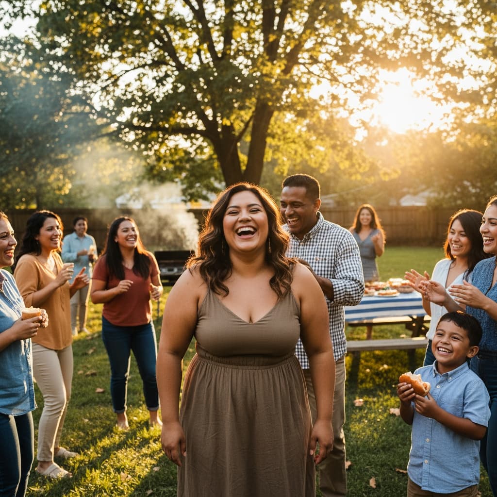 curve latino woman candid outdoor gathering 76768993
