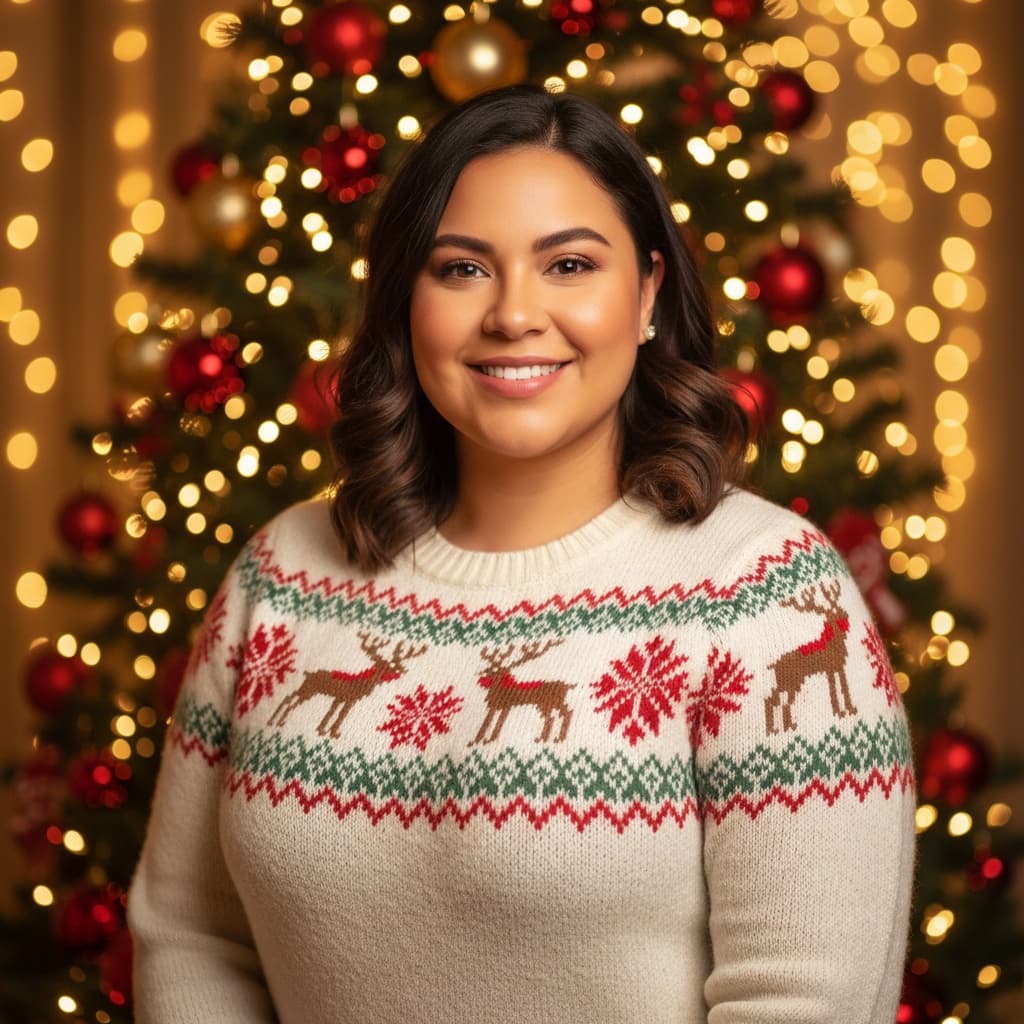 curve latino woman classic christmas tree portrait 19929161