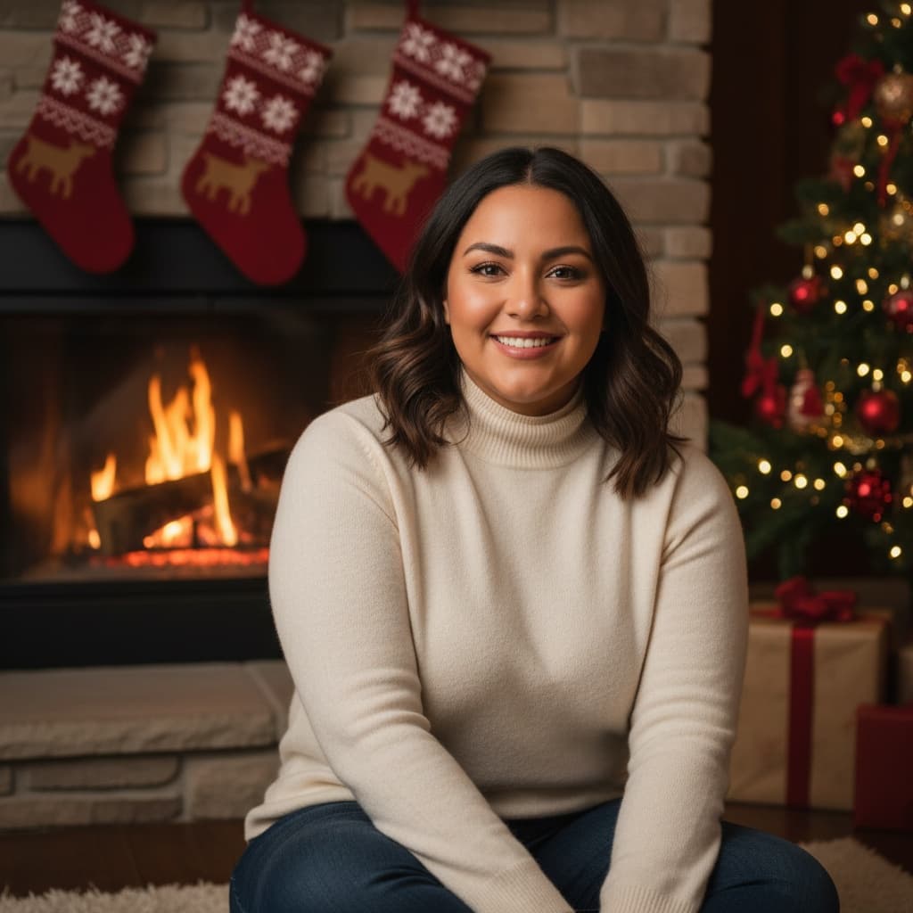 curve latino woman cozy fireplace setting 69098184