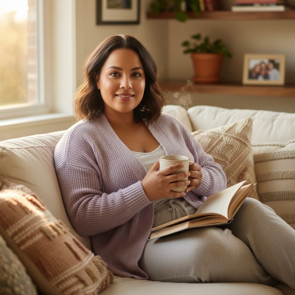 curve latino woman cozy reading moment 71195121