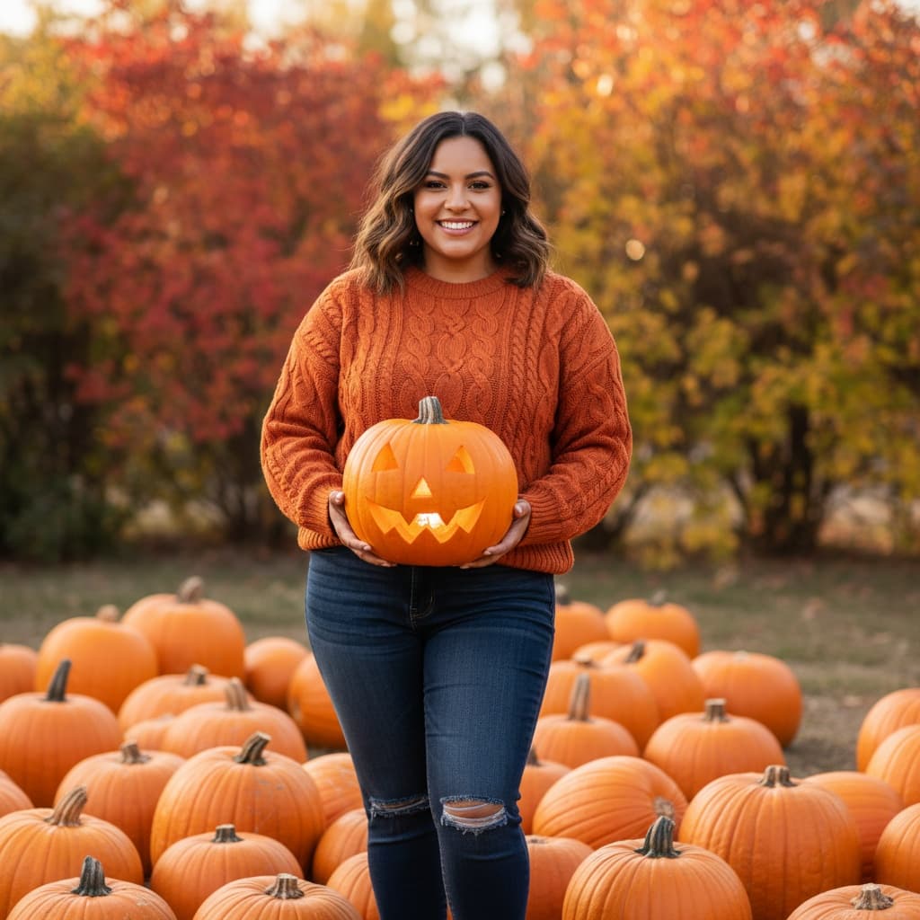 curve latino woman cute pumpkin patch casual 43869484
