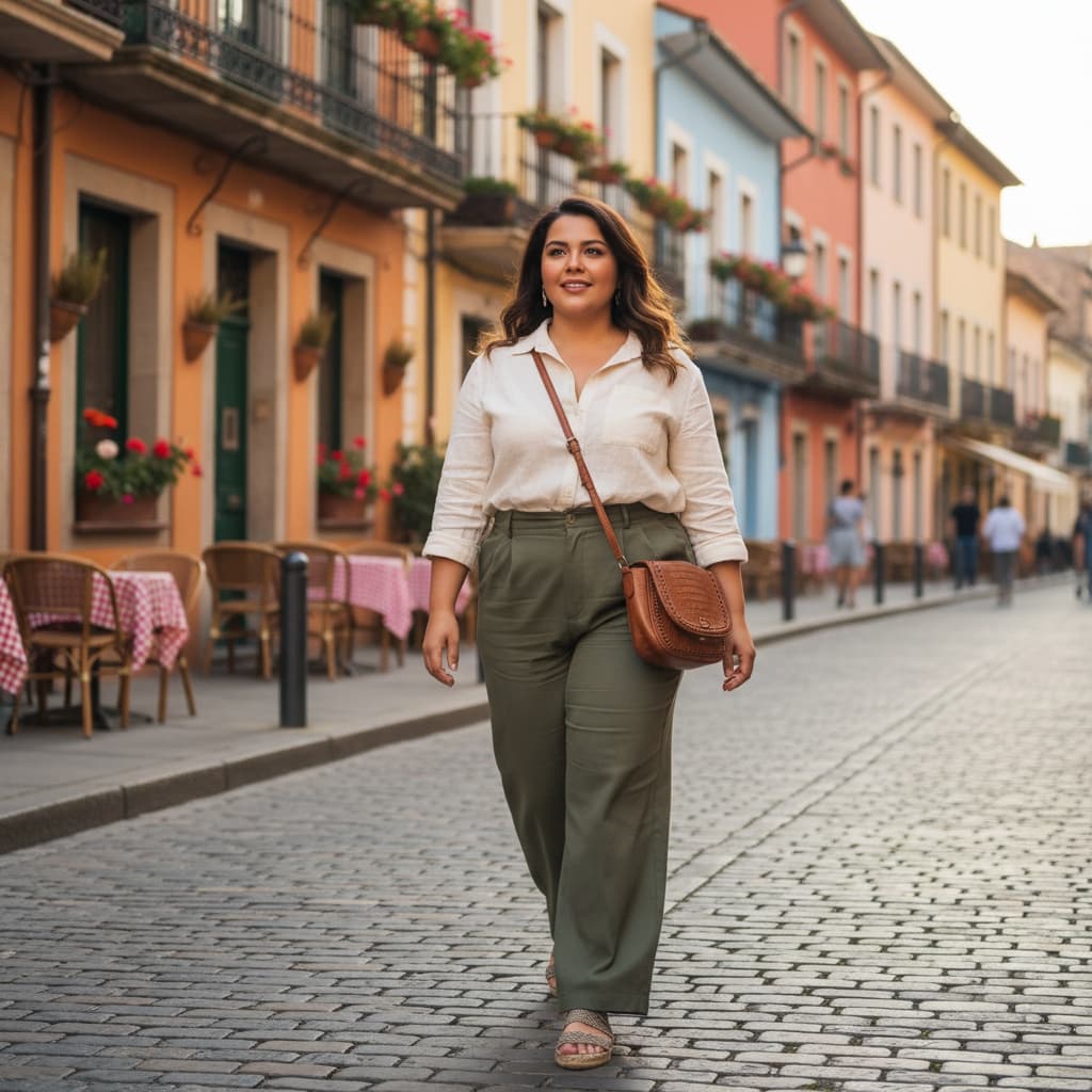 curve latino woman european cobblestone street 79823593