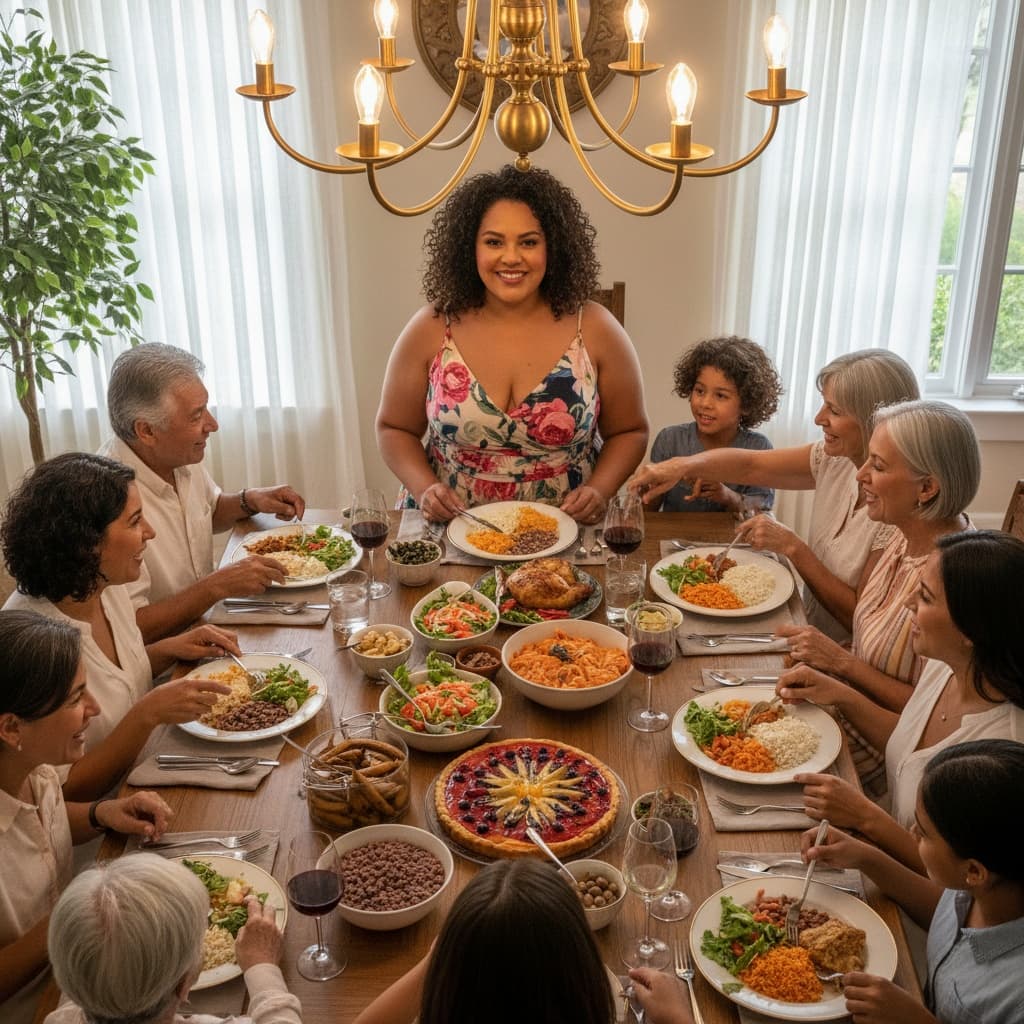 curve latino woman family dinner table 17416623