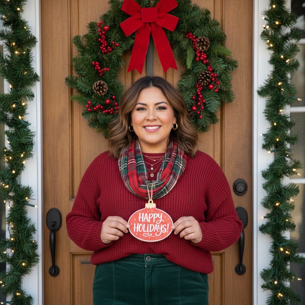 curve latino woman festive front door greeting 95462585
