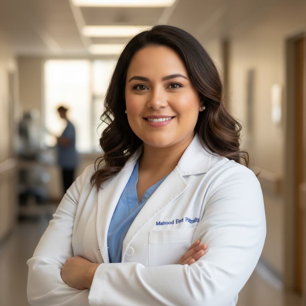 curve latino woman lab coat arms crossed 15402880