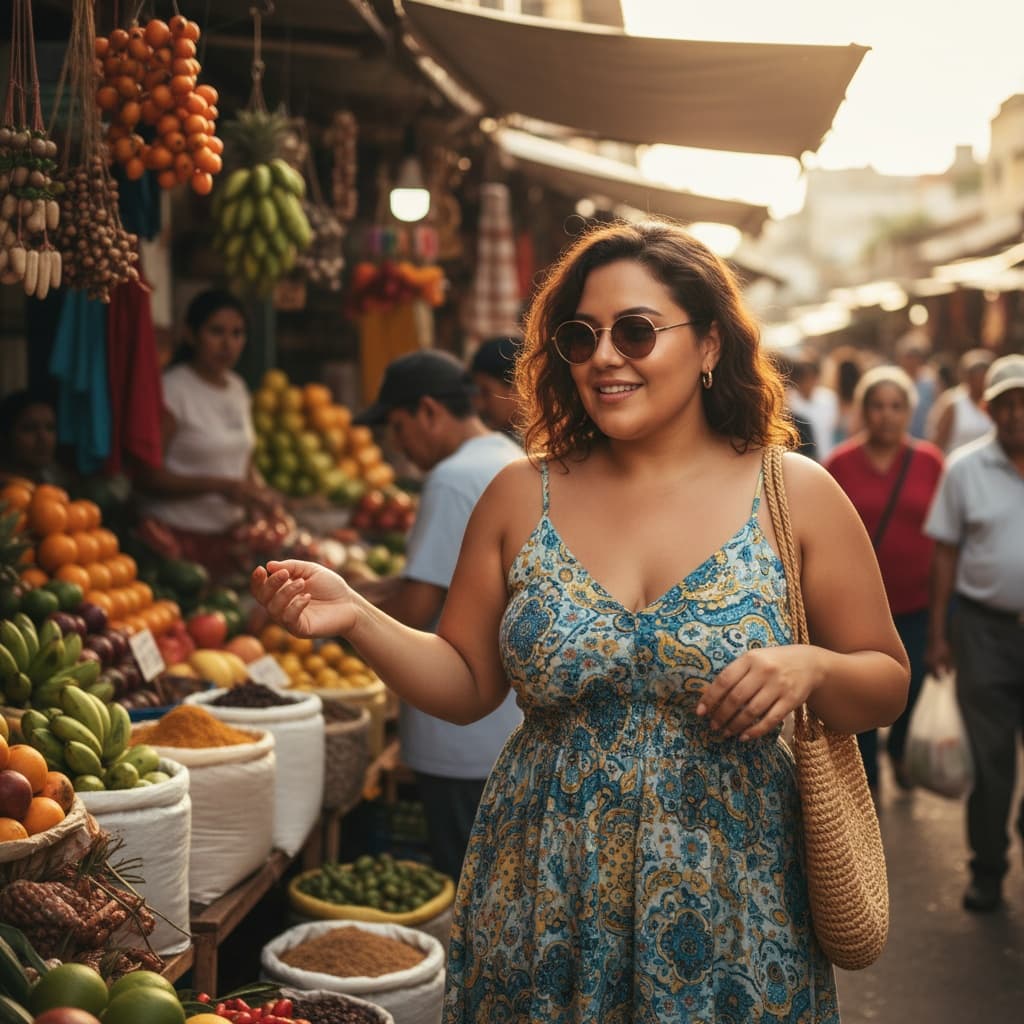 curve latino woman local market exploration 80063797