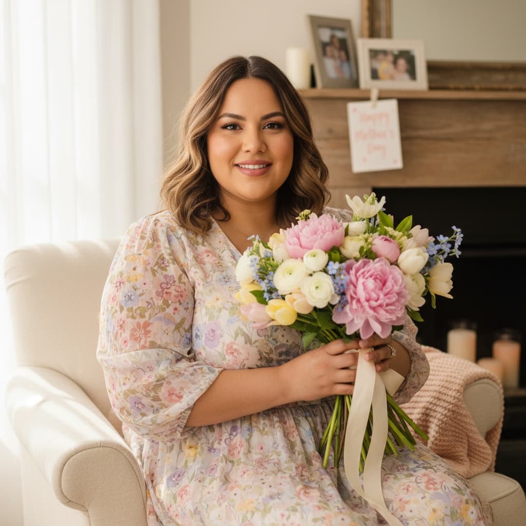 curve latino woman mom with flower bouquet 43277337