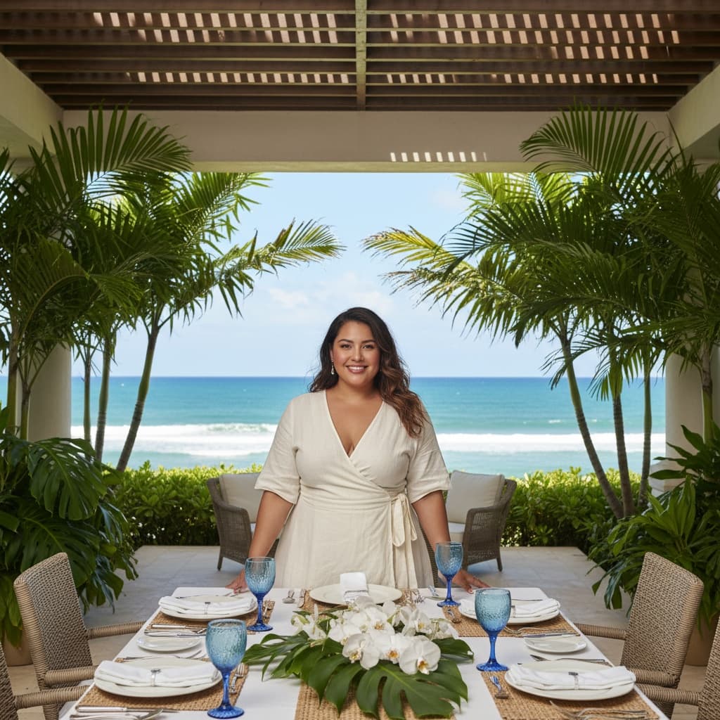 curve latino woman outdoor dining terrace 89293380