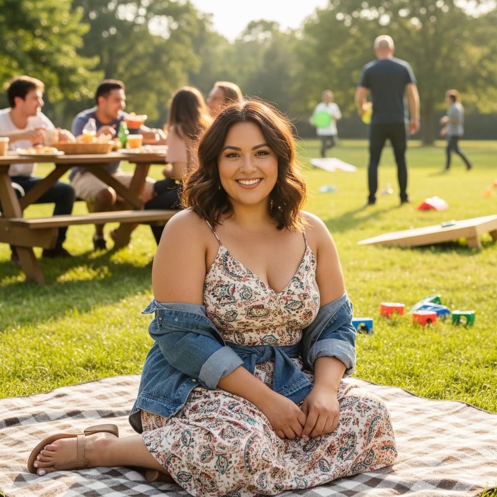 curve latino woman outdoor group picnic style 49072035