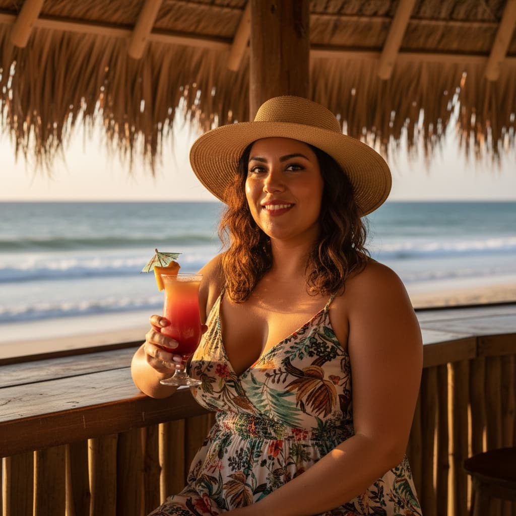 curve latino woman palapa beach bar scene 54757685