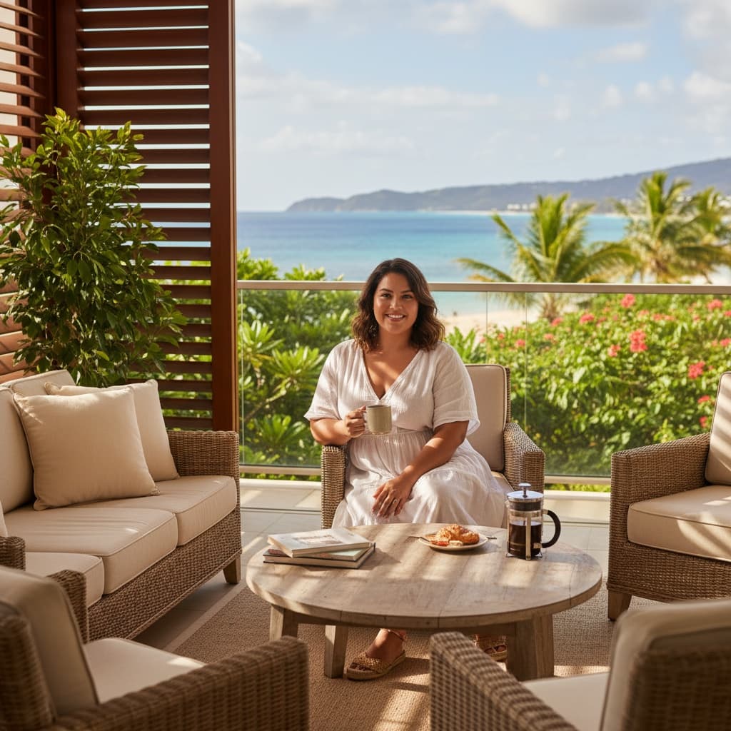 curve latino woman private balcony morning 86688301