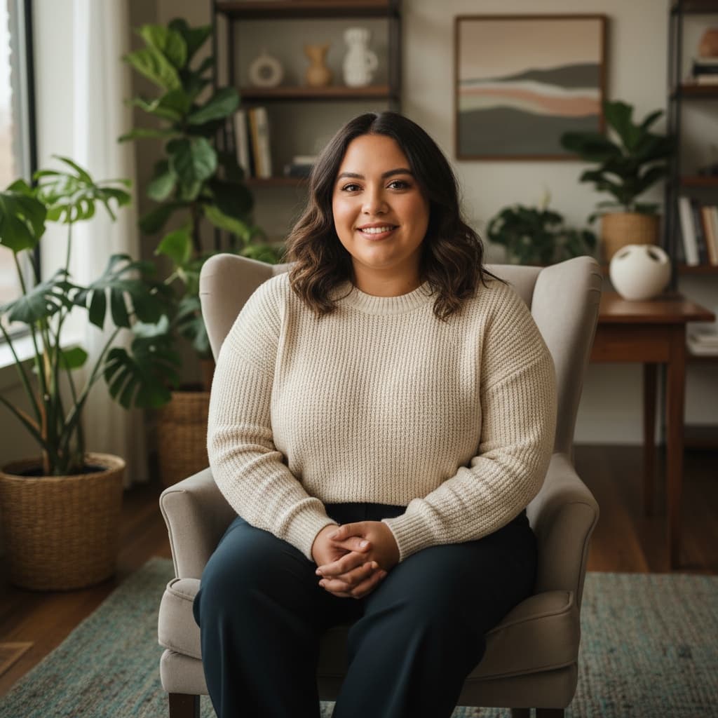 curve latino woman seated consulting room 46482157