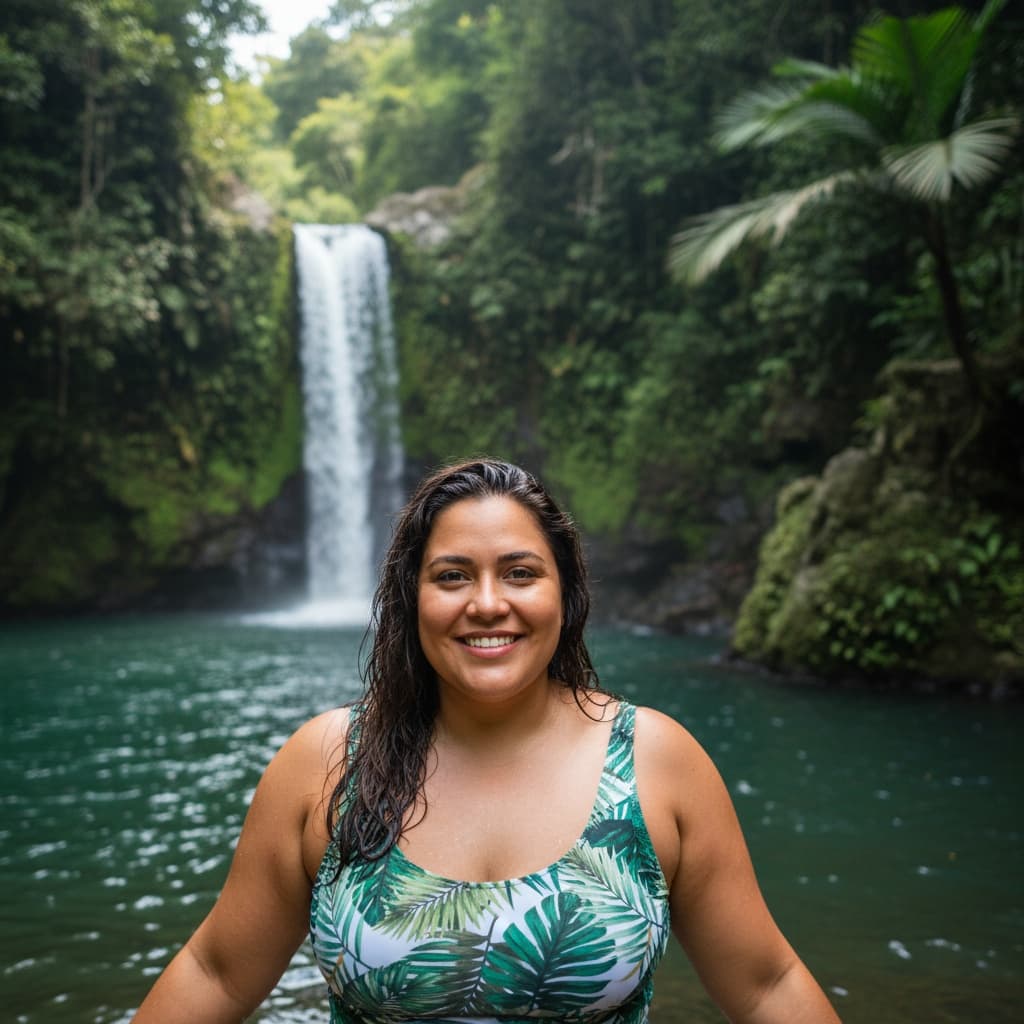 curve latino woman tropical waterfall pool 22571810