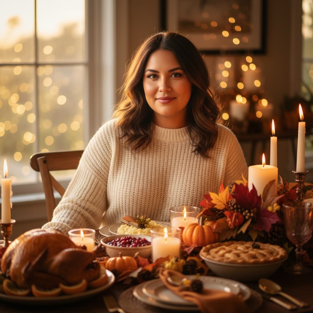 curve latino woman warm autumn dinner table 71145308