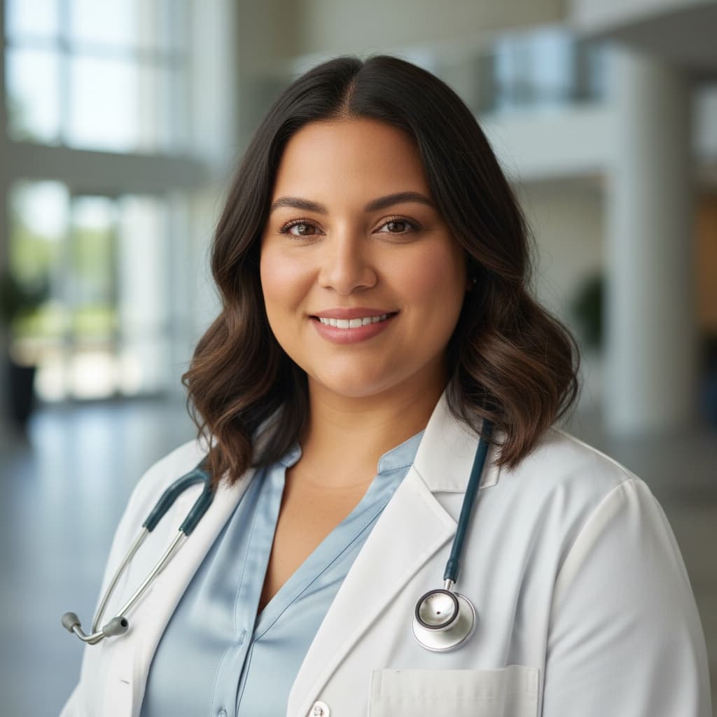 curve latino woman white coat hospital background 88100306