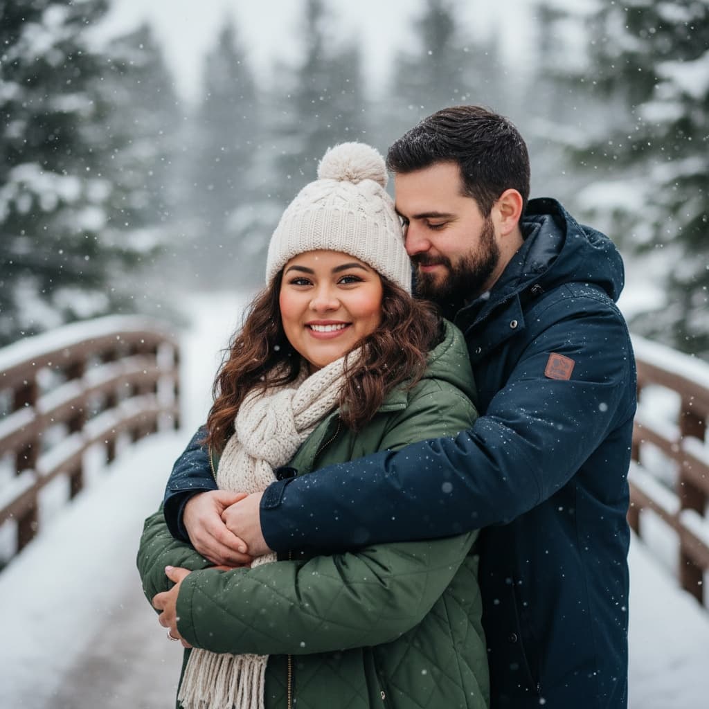 curve latino woman winter snow cuddle 98260835