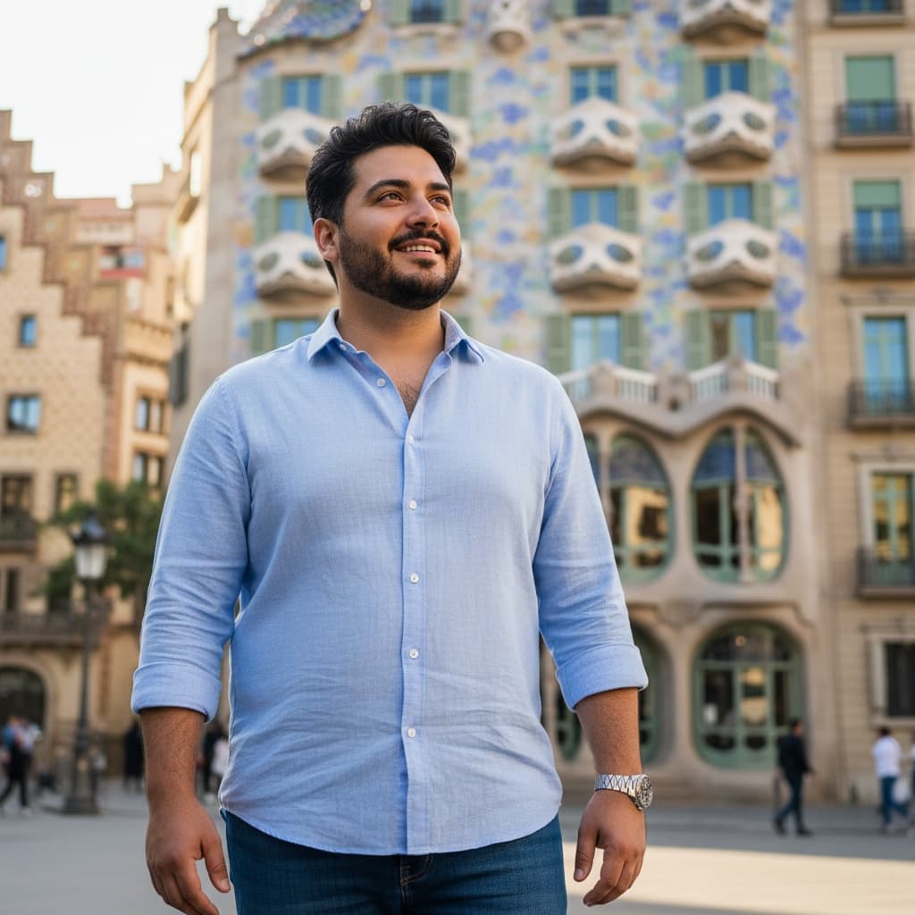 curve middle_eastern man casa batllo balcony facade 95360204