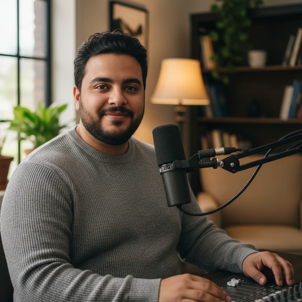 curve middle_eastern man casual podcast setup 15570823