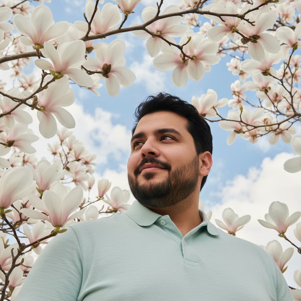 curve middle_eastern man magnolia tree upward angle 10173358