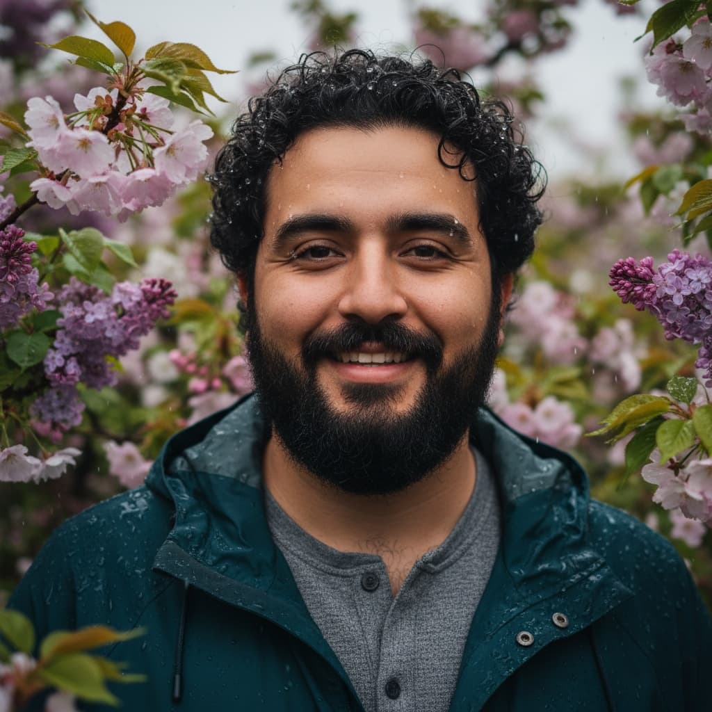 curve middle_eastern man rain spring blossoms 95954611