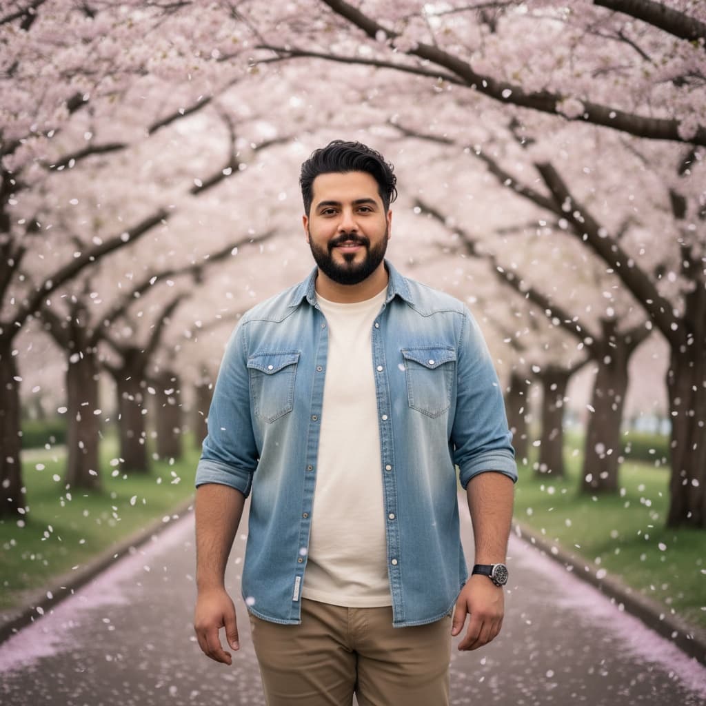 curve middle_eastern man walking blossom pathway 34230494