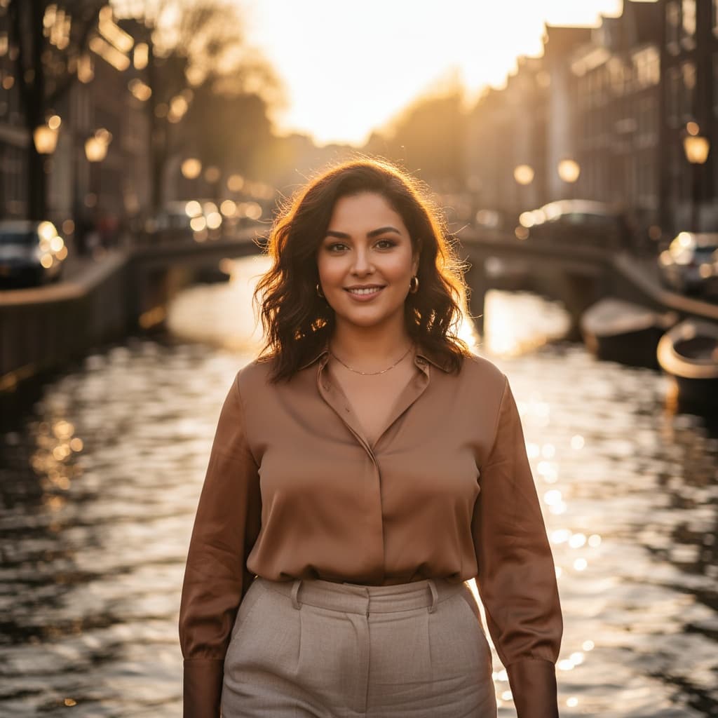 curve middle_eastern woman canal sunset golden hour 96099567