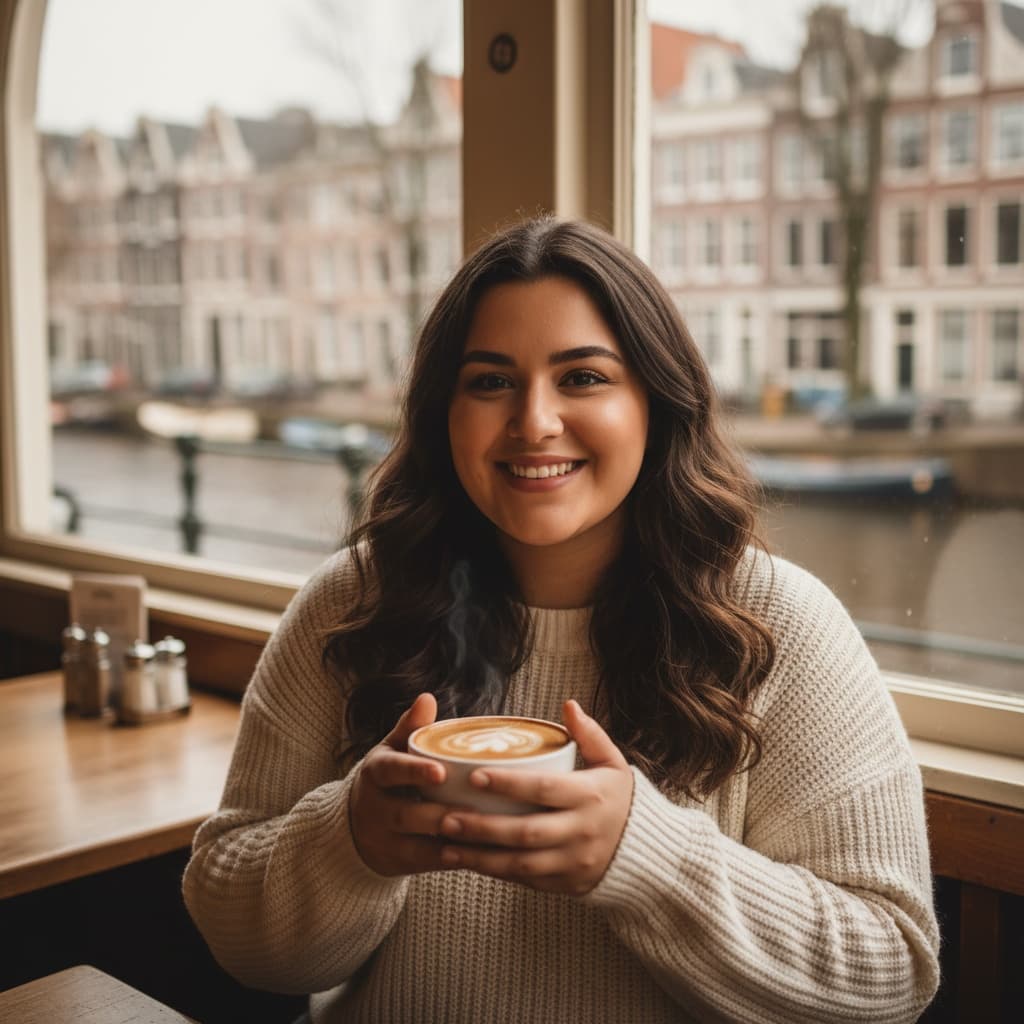 curve middle_eastern woman cozy cafe window seat 64298209