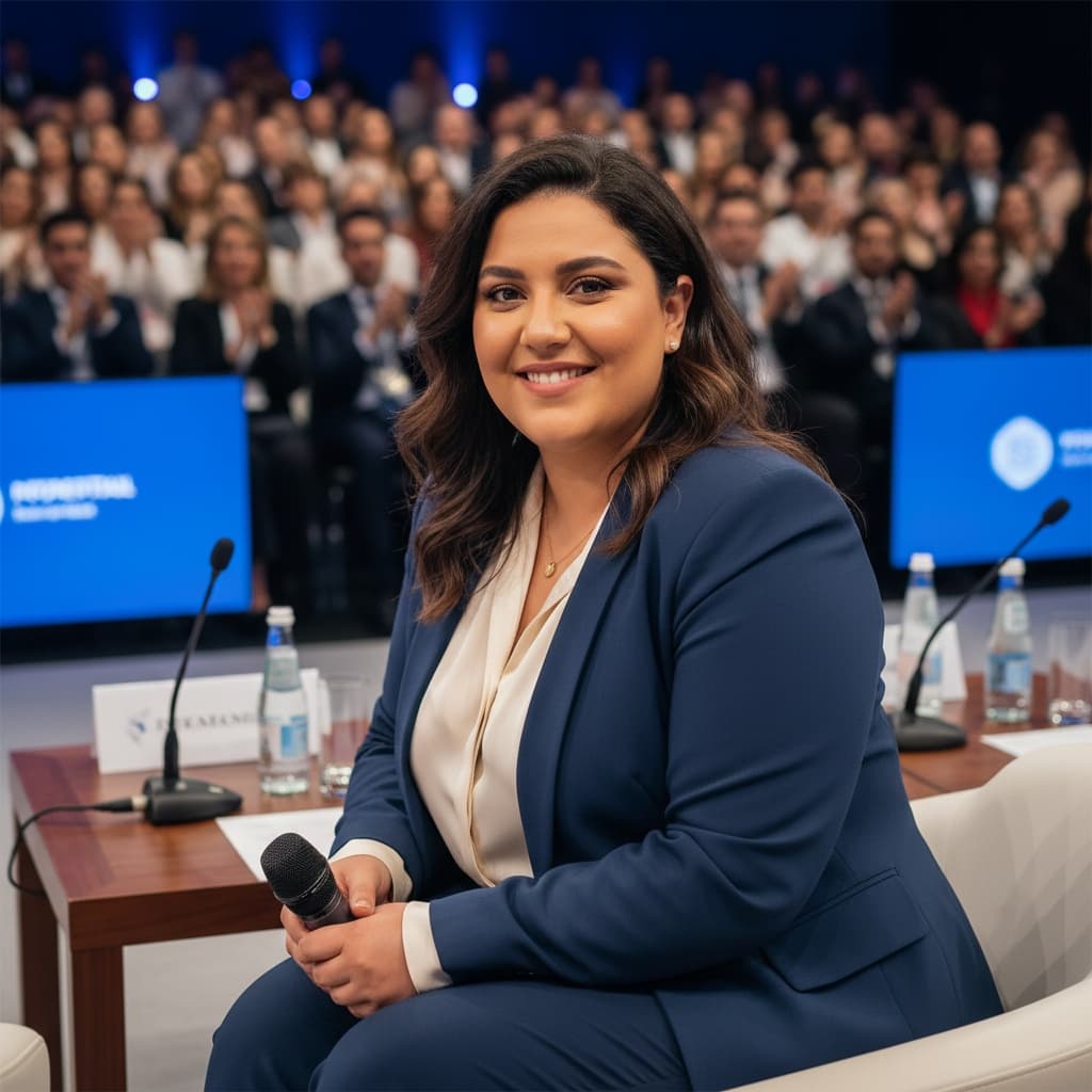 curve middle_eastern woman panel discussion seated 98637601