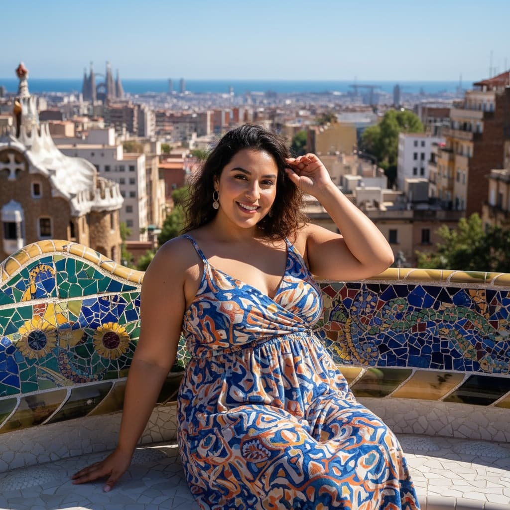 curve middle_eastern woman park guell mosaic bench 86361847